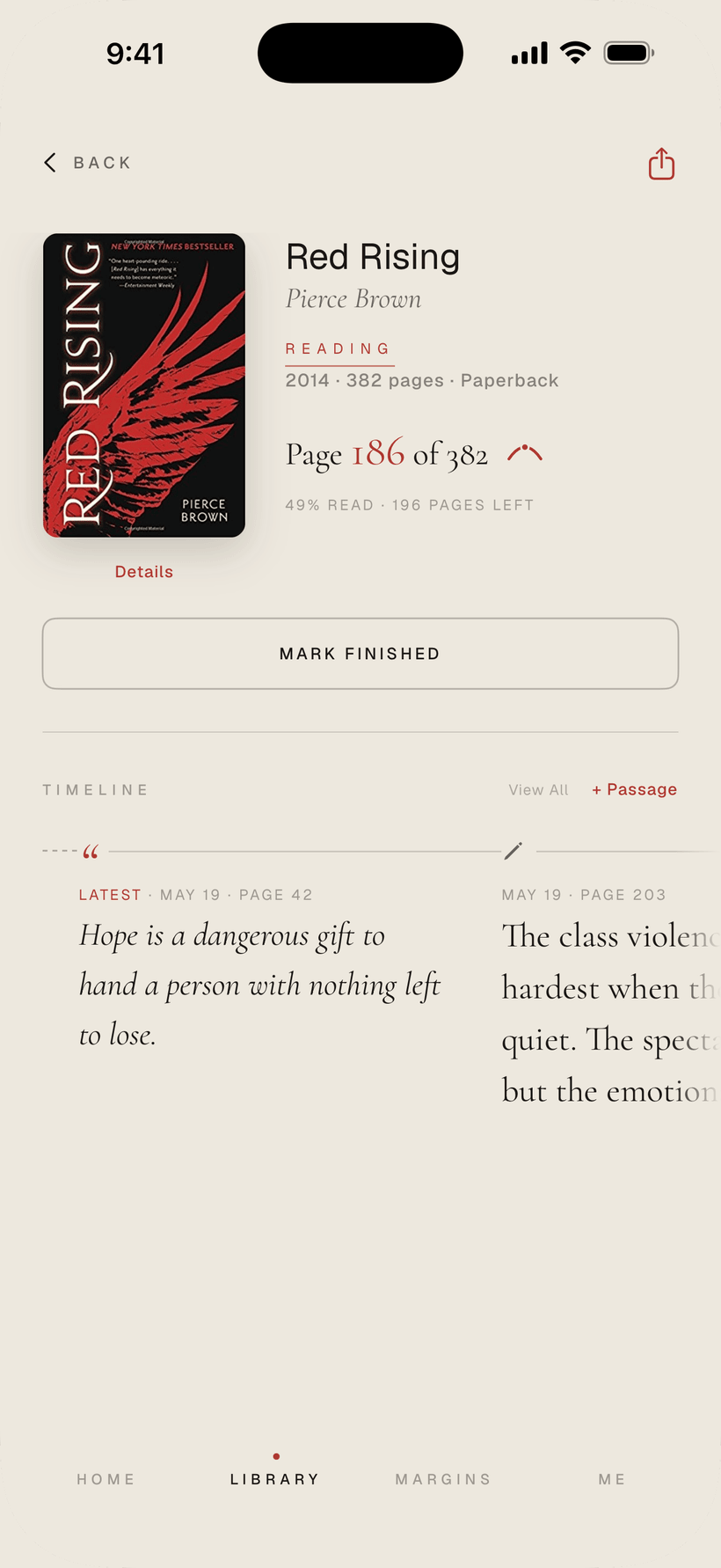Folio app — a book's page, with the Timeline of its reading